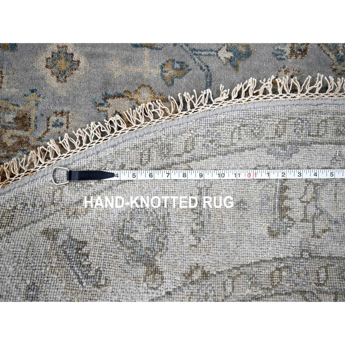 Lavender Gray Hand Knotted Karajeh Geometric Medallion Wool Round Rug - 8