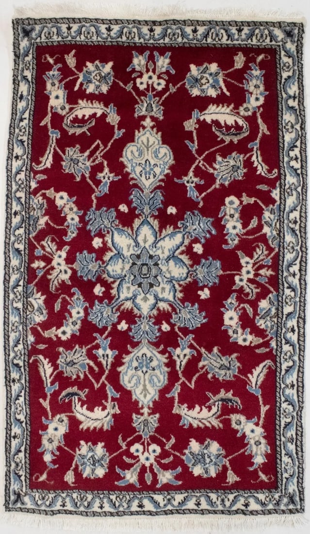 Red Classic 3X5 Nain Kashmar Persian Rug: Title: Red Classic 3X5 Nain Kashmar Persian Rug Description:Handmade Persian rug made with natural dyes (fine wool pile and cotton foundation), superior knot count, and alluring ancient designs. This 