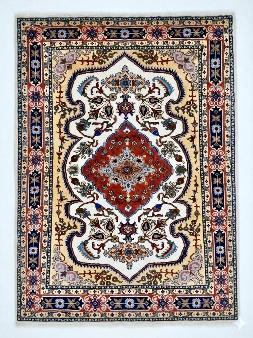 Hand Knotted Persian Tabriz Wool Ivory Oriental Area Rug 4'10" x 6'6" - 5
