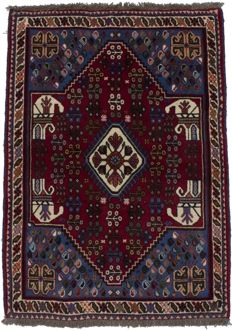 Red Tribal 3X5 Shiraz Persian Rug: Title: Red Tribal 3X5 Shiraz Persian Rug Description:Handmade 3X5 red Persian rug made with vegetable dyes (fine wool pile and cotton foundation), superior knot count, and appealing ancient designs. T