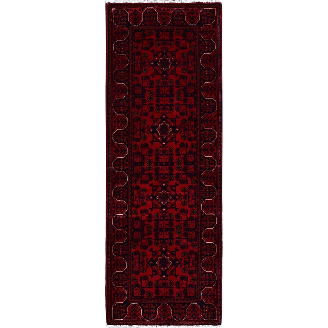 Red Afghan Khamyab Geometric Pattern Hand Knotted Soft Wool Runner Rug: Title: Red Afghan Khamyab Geometric Pattern Hand Knotted Soft Wool Runner Rug Description:This is a truly genuine one-of-a-kind. It has been Knotted for months and months in the centuries-old weaving 