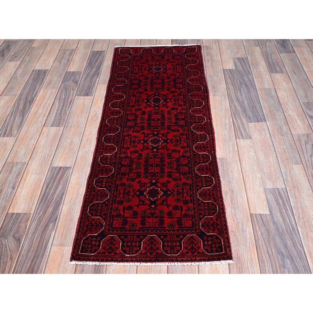Red Afghan Khamyab Geometric Pattern Hand Knotted Soft Wool Runner Rug - 2