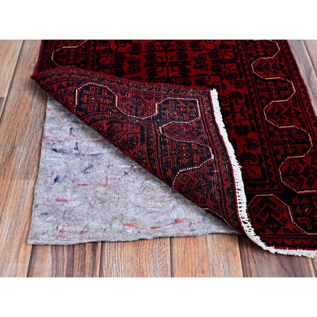 Red Afghan Khamyab Geometric Pattern Hand Knotted Soft Wool Runner Rug - 3