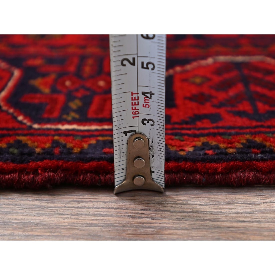 Red Afghan Khamyab Geometric Pattern Hand Knotted Soft Wool Runner Rug - 6