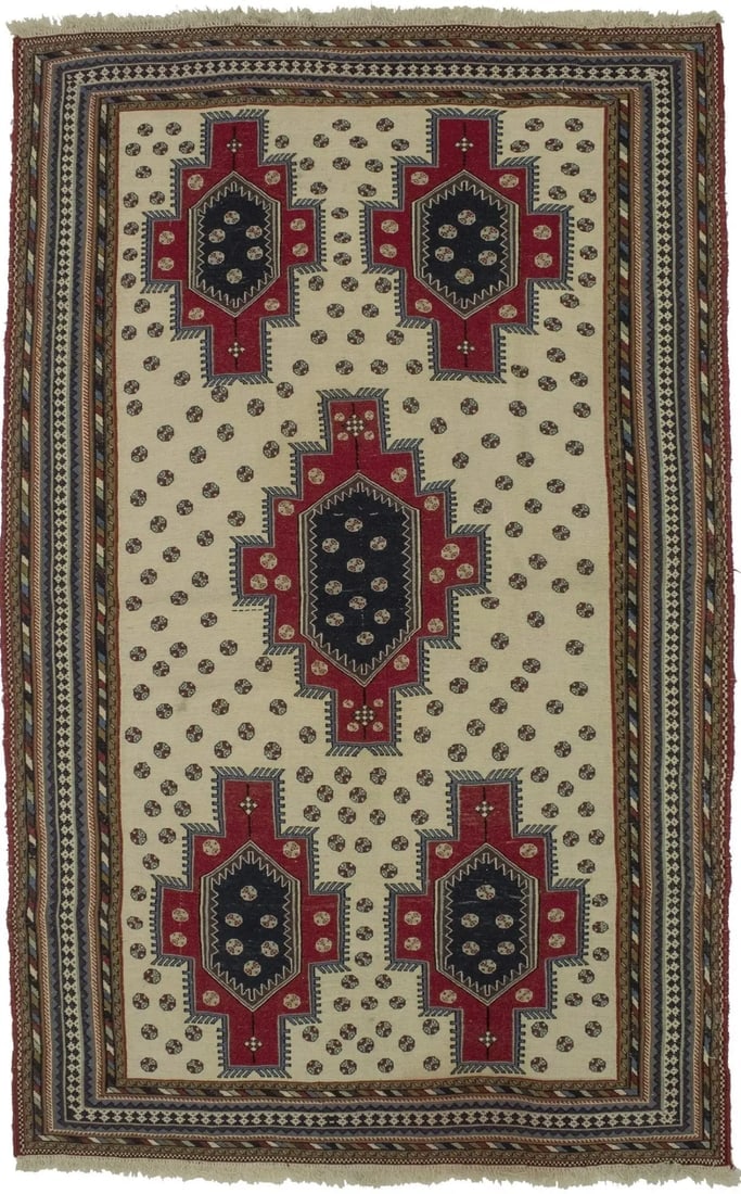 Cream Tribal 4X7 Sumak Persian Rug: Title: Cream Tribal 4X7 Sumak Persian Rug Description:Handmade Persian rug made with natural dyes (fine wool pile and cotton foundation) and appealing designs. This Oriental rug never will go out of