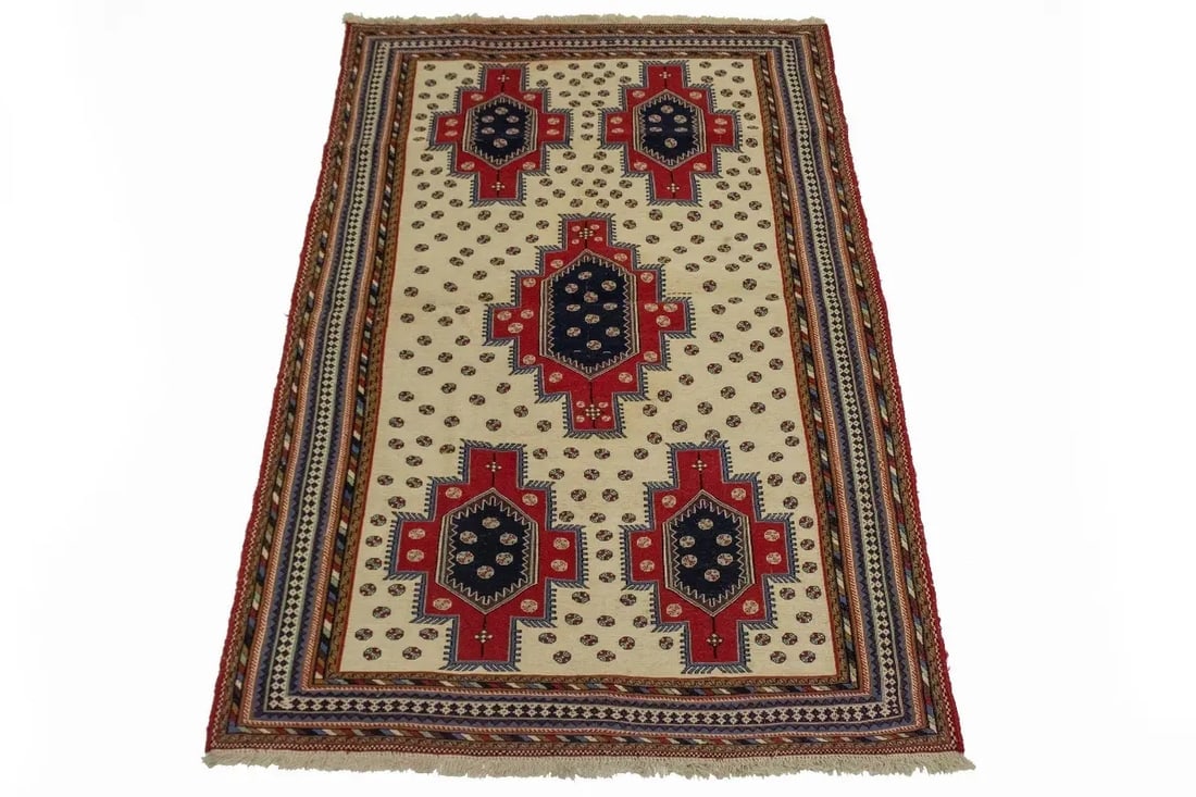 Cream Tribal 4X7 Sumak Persian Rug - 4