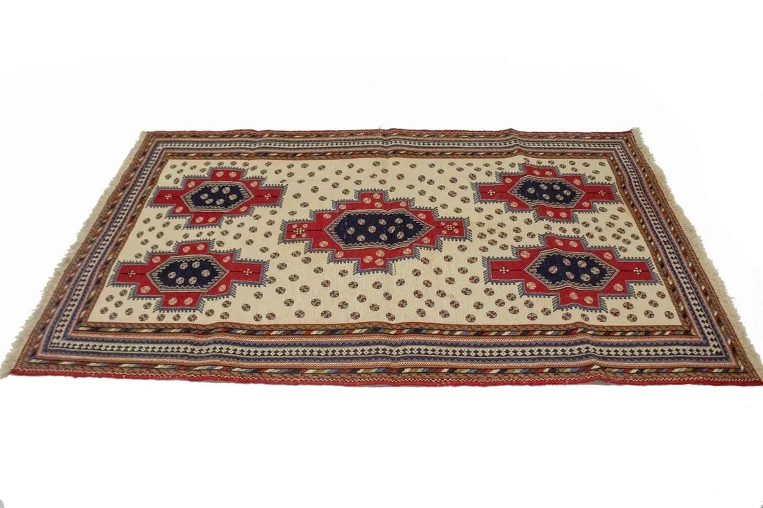 Cream Tribal 4X7 Sumak Persian Rug - 6