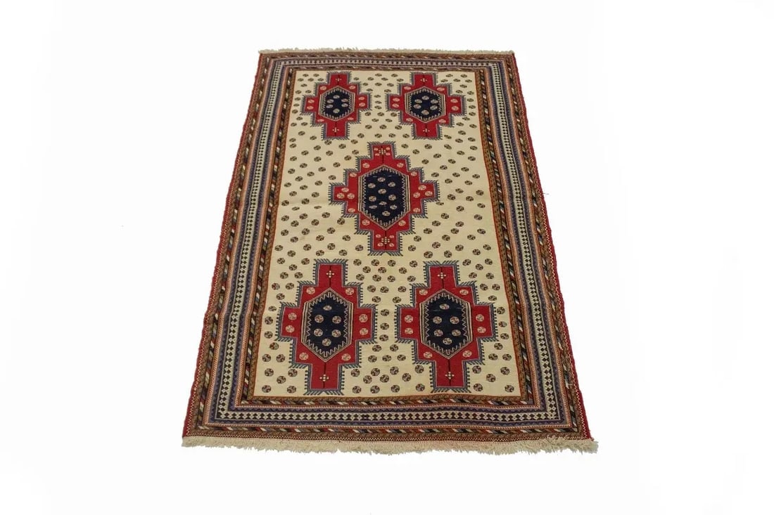 Cream Tribal 4X7 Sumak Persian Rug - 7