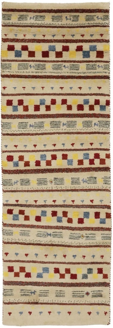 Cream Stripes Tribal 3X8 Indo-Gabbeh Oriental Runner Rug: Title: Cream Stripes Tribal 3X8 Indo-Gabbeh Oriental Runner Rug Description:Hand Knotted 3X8 cream Oriental runner made with vegetable dyes (fine wool pile and cotton foundation), superior knot count,