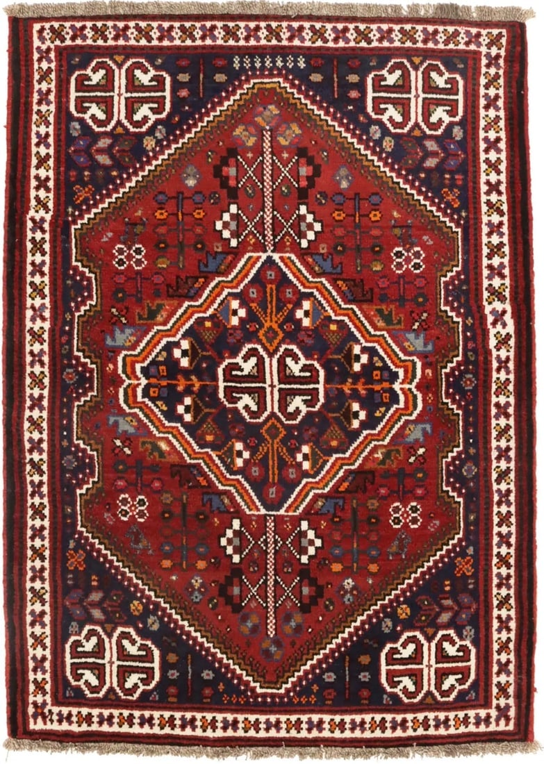 Rusty Red Tribal 3'5X5 Shiraz Persian Rug: Title: Rusty Red Tribal 3'5X5 Shiraz Persian Rug Description:Hand Knotted 3'5X5 rusty red Persian rug made with vegetable dyes (fine wool pile and cotton foundation), superior knot count, and