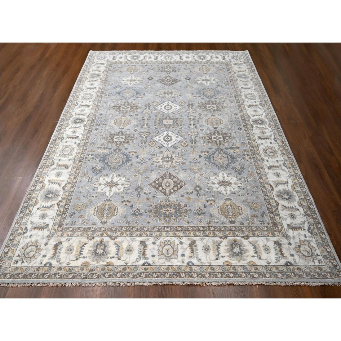 Oxford Gray Hand Knotted Karajeh Design Extra Soft Wool Oriental Rug - 2