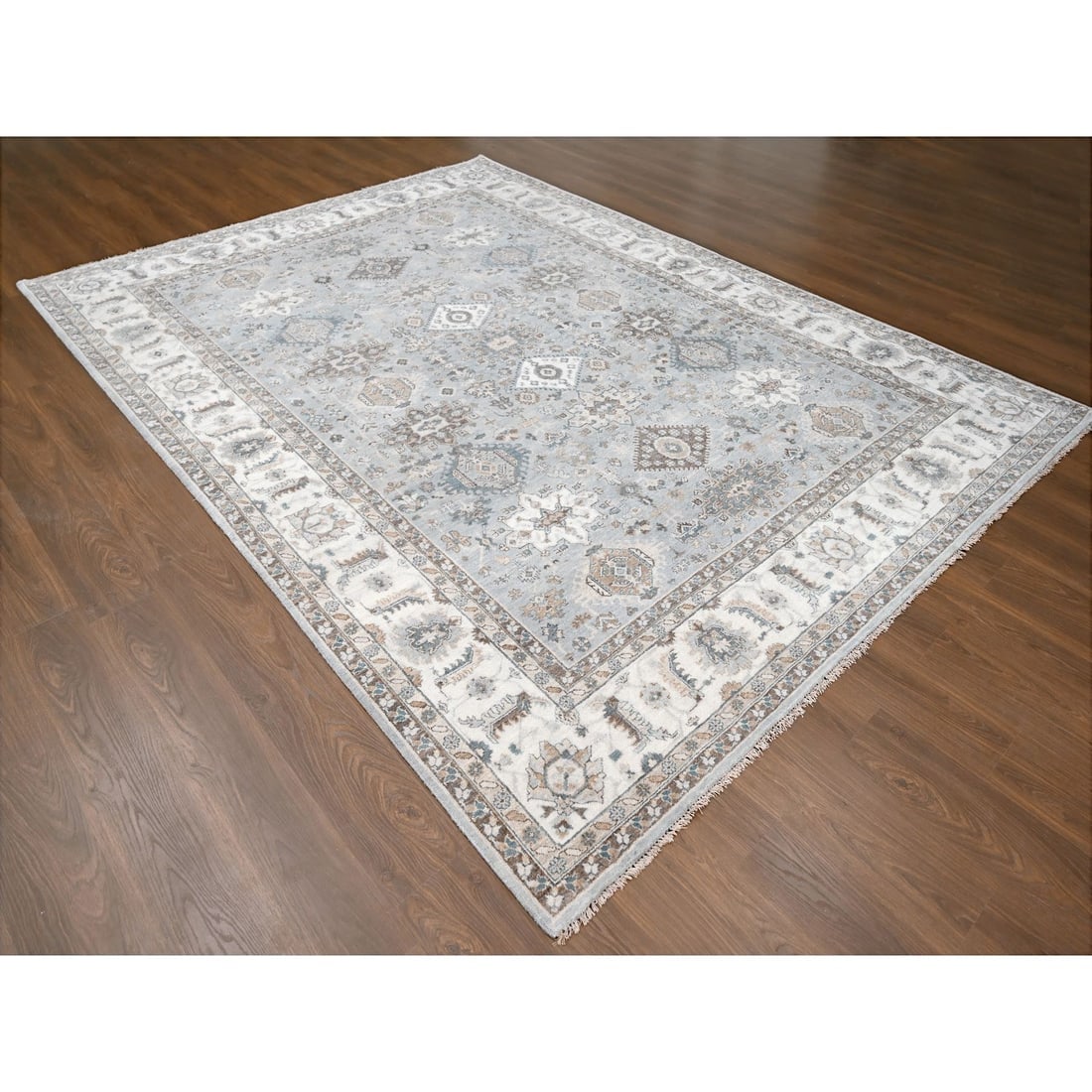 Oxford Gray Hand Knotted Karajeh Design Extra Soft Wool Oriental Rug - 3