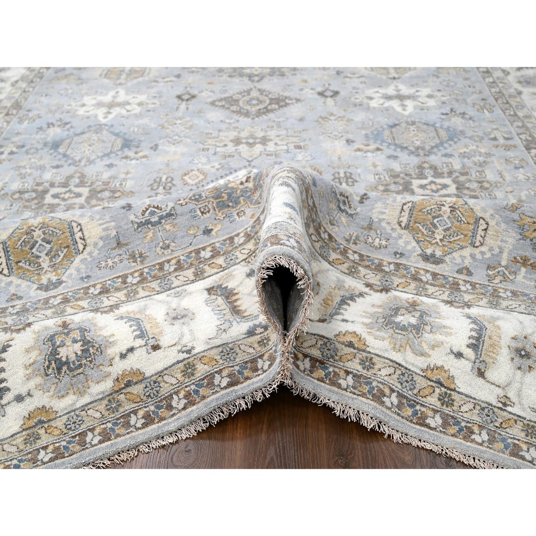 Oxford Gray Hand Knotted Karajeh Design Extra Soft Wool Oriental Rug - 5