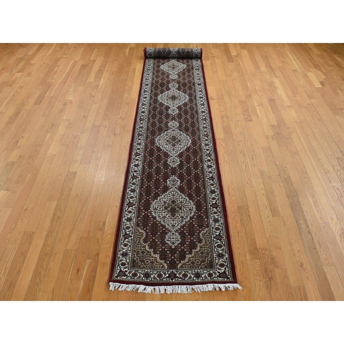 Mahogany Red Tabriz Mahi with Fish Medallion Design Wool and Silk Rug - 2