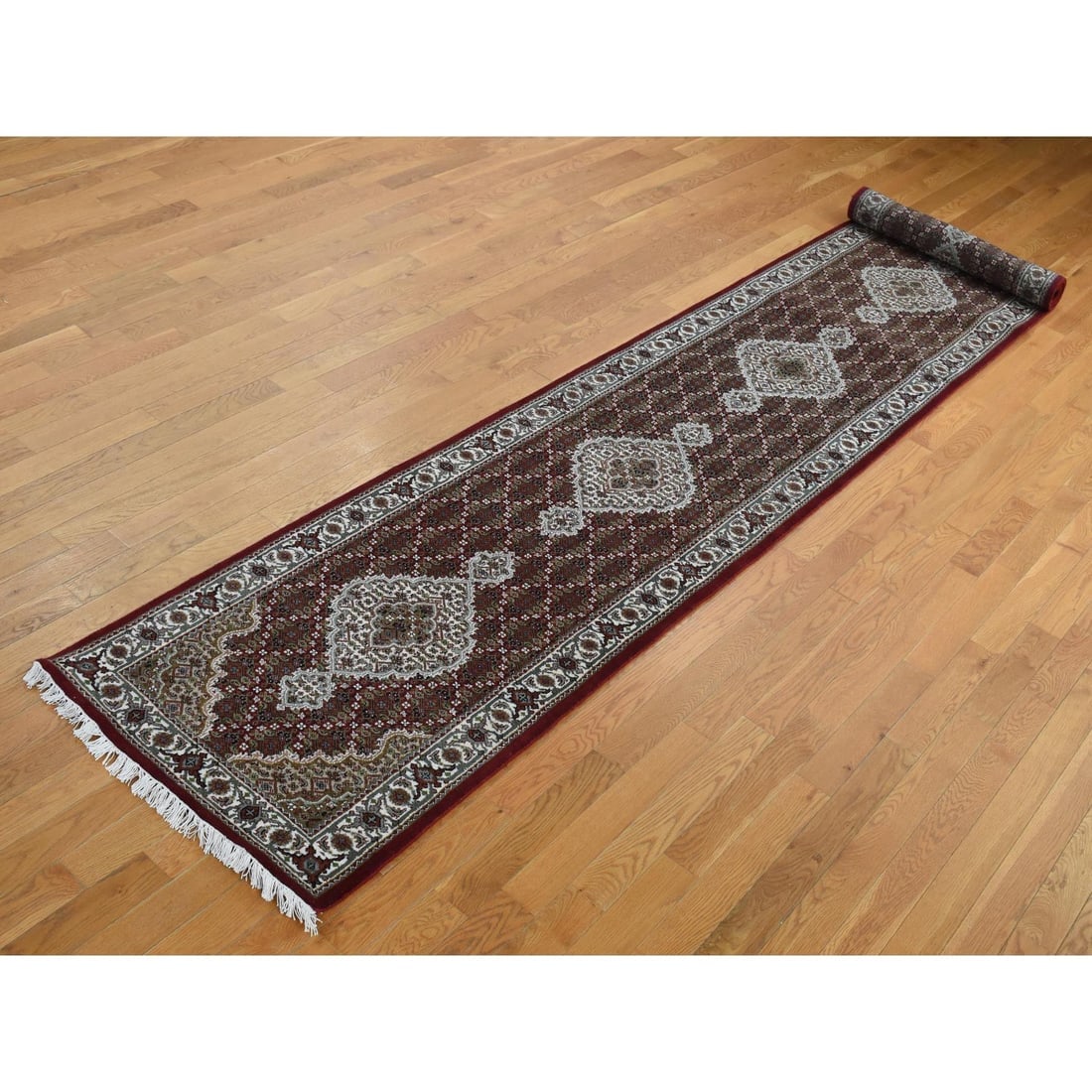 Mahogany Red Tabriz Mahi with Fish Medallion Design Wool and Silk Rug - 3