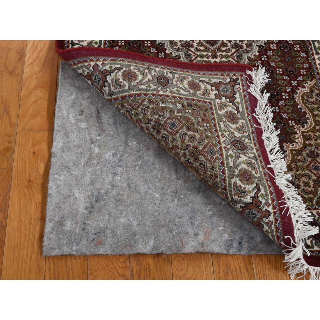 Mahogany Red Tabriz Mahi with Fish Medallion Design Wool and Silk Rug - 4