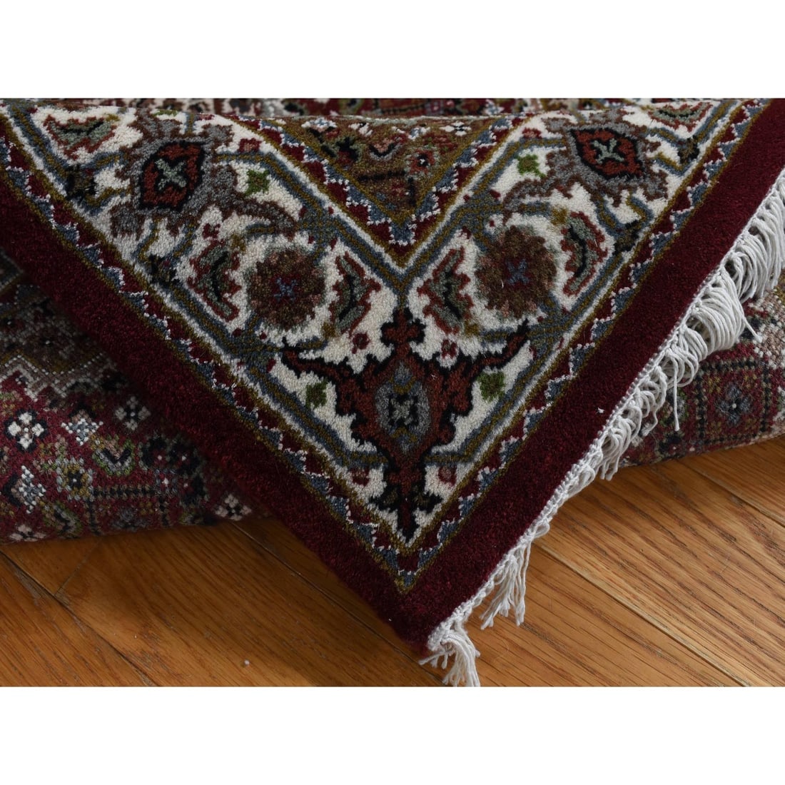 Mahogany Red Tabriz Mahi with Fish Medallion Design Wool and Silk Rug - 5