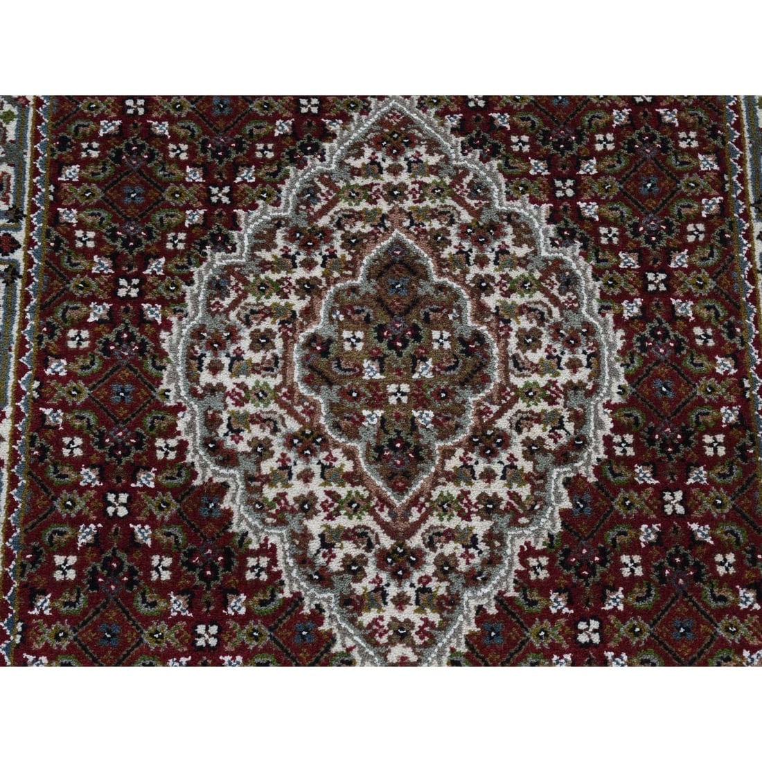 Mahogany Red Tabriz Mahi with Fish Medallion Design Wool and Silk Rug - 7