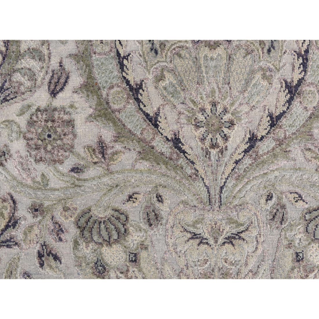 Gray Tulip Flower Design Pure Silk with Textured Wool Hand Knotted Rug - 3