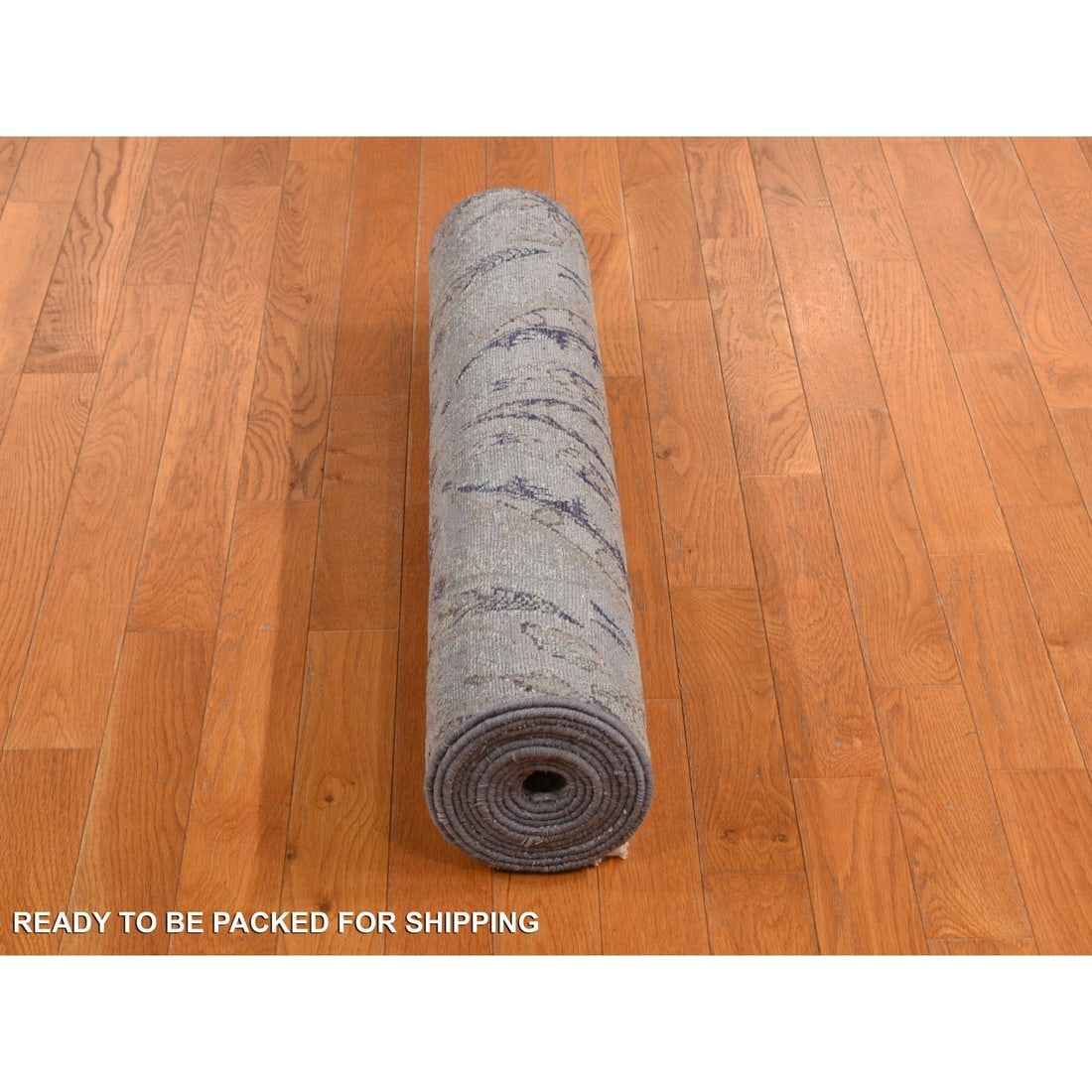 Gray Tulip Flower Design Pure Silk with Textured Wool Hand Knotted Rug - 5