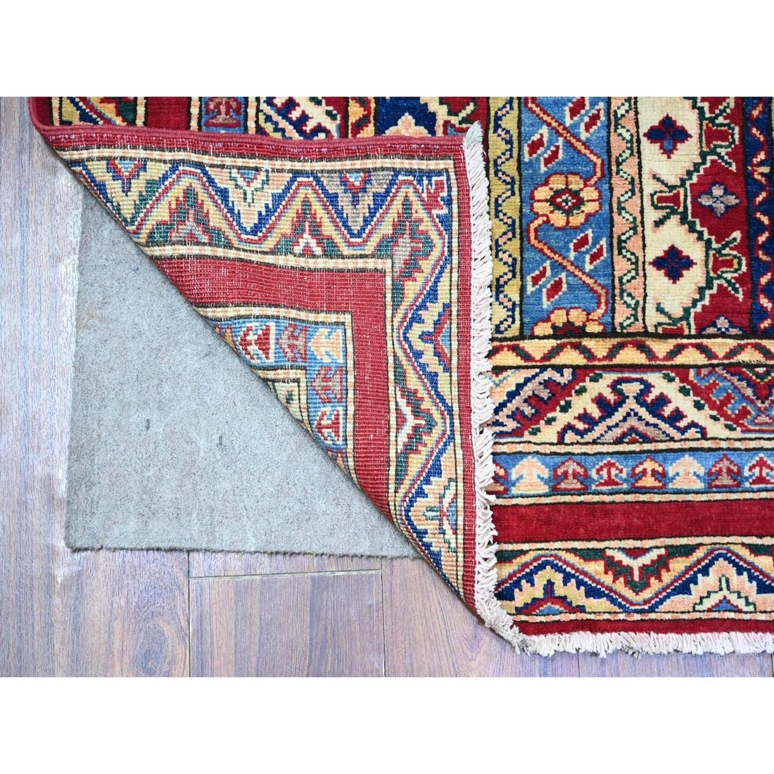 Vermilion Red Hand Knotted Afghan Super Kazak Shawl Design Wool Rug - 2