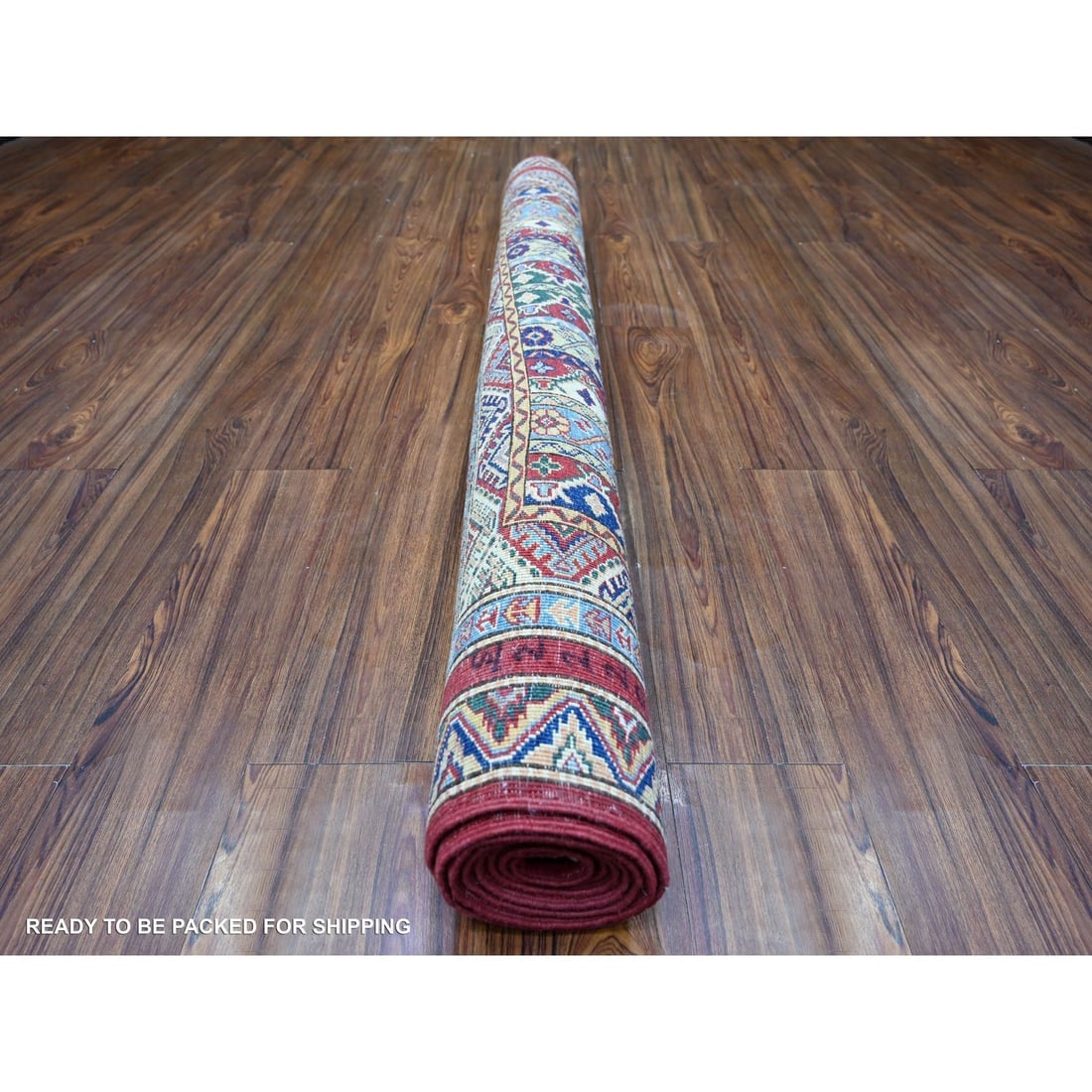 Vermilion Red Hand Knotted Afghan Super Kazak Shawl Design Wool Rug - 4