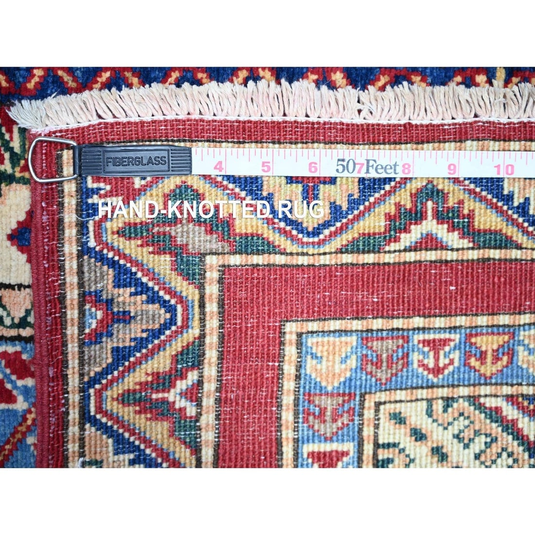 Vermilion Red Hand Knotted Afghan Super Kazak Shawl Design Wool Rug - 6