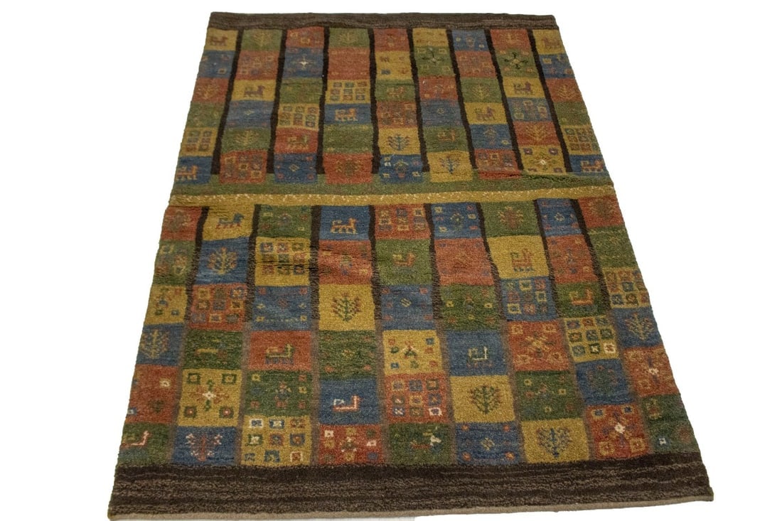 Brown and Olive Checkered 4X5 Gabbeh Persian Rug - 4
