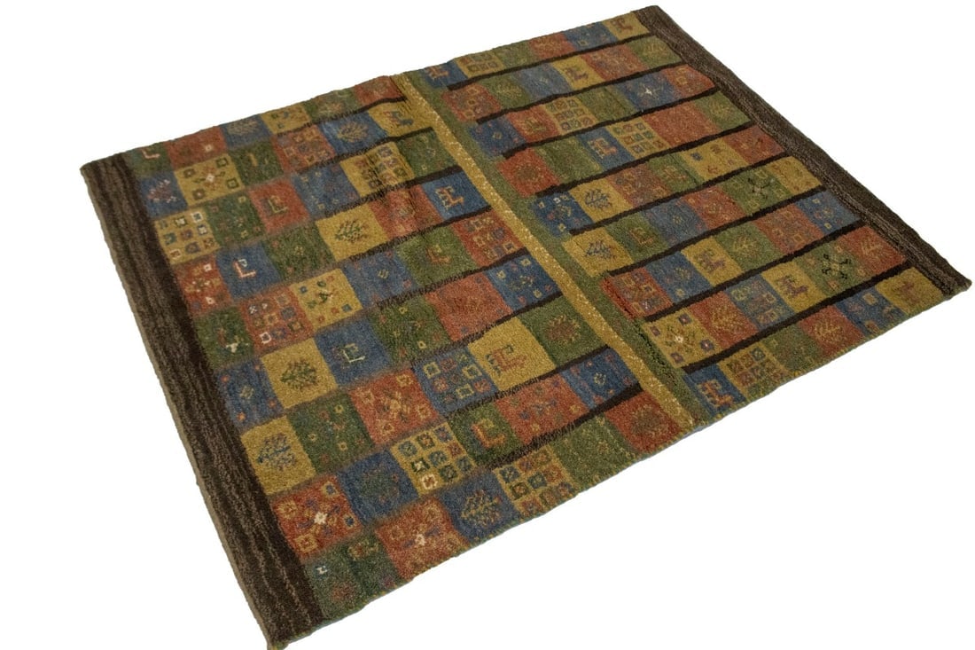 Brown and Olive Checkered 4X5 Gabbeh Persian Rug - 5