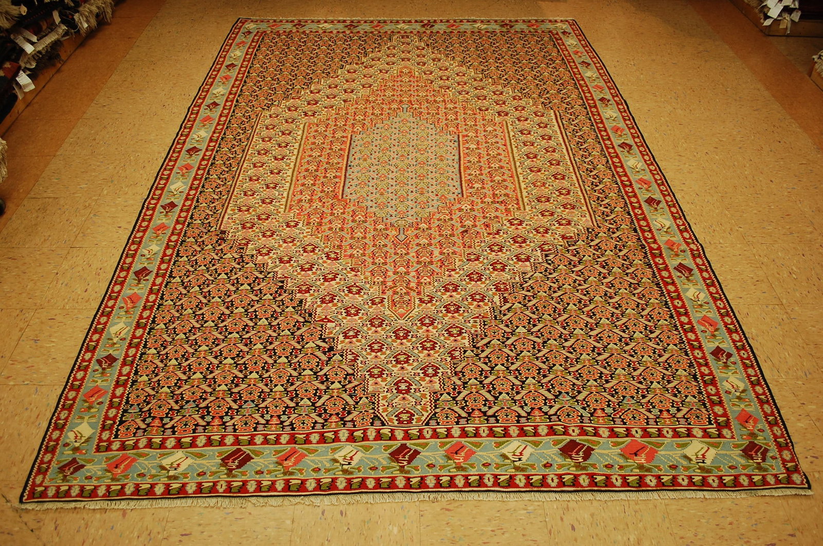 Persain SENNAH KILIM RUG 6.9x9.10: Title: Persain SENNAH KILIM RUG 6.9x9.10 Description:ANTIQUE HIGHLY DETAILED COLORFUL SENNAH KILIM RUG....Very fine woven.......with exact size of 6' 9" x 9' 10" Allover detailed design pattern with t