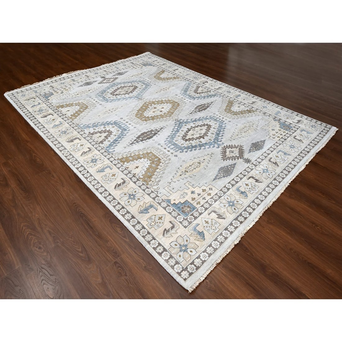 Chrome Gray Persian Village Geometric Medallions Wool Hand Knotted Rug - 3