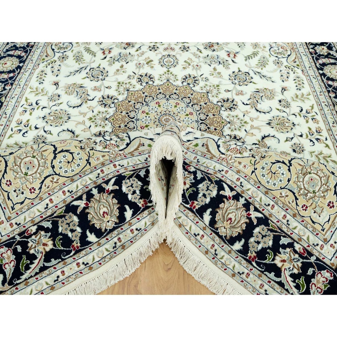 Origami White Hand Knotted 250 KPSI Nain Design Wool Denser Weave Rug - 5