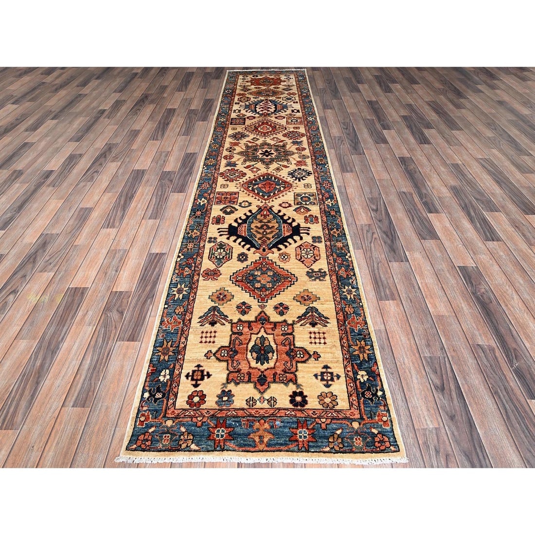 Ivory Karajeh Tribal Medallions Design Hand Knotted Wool Runner Rug - 2