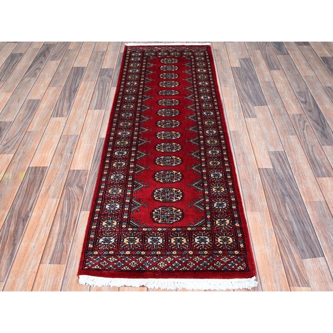 Red Princess Bokara Tribal Medallions All Wool Hand Knotted Runner Rug - 2