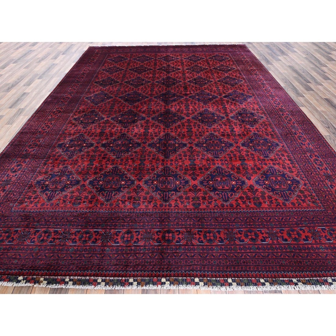 Red Afghan Khamyab Geometric Pattern Hand Knotted Wool Oriental Rug - 2