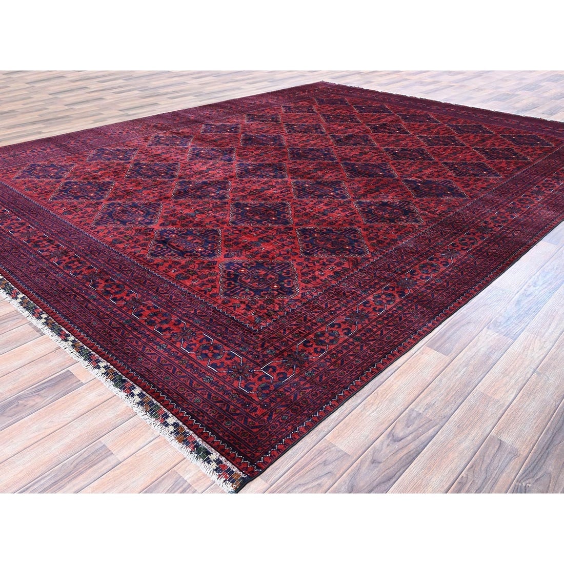 Red Afghan Khamyab Geometric Pattern Hand Knotted Wool Oriental Rug - 3