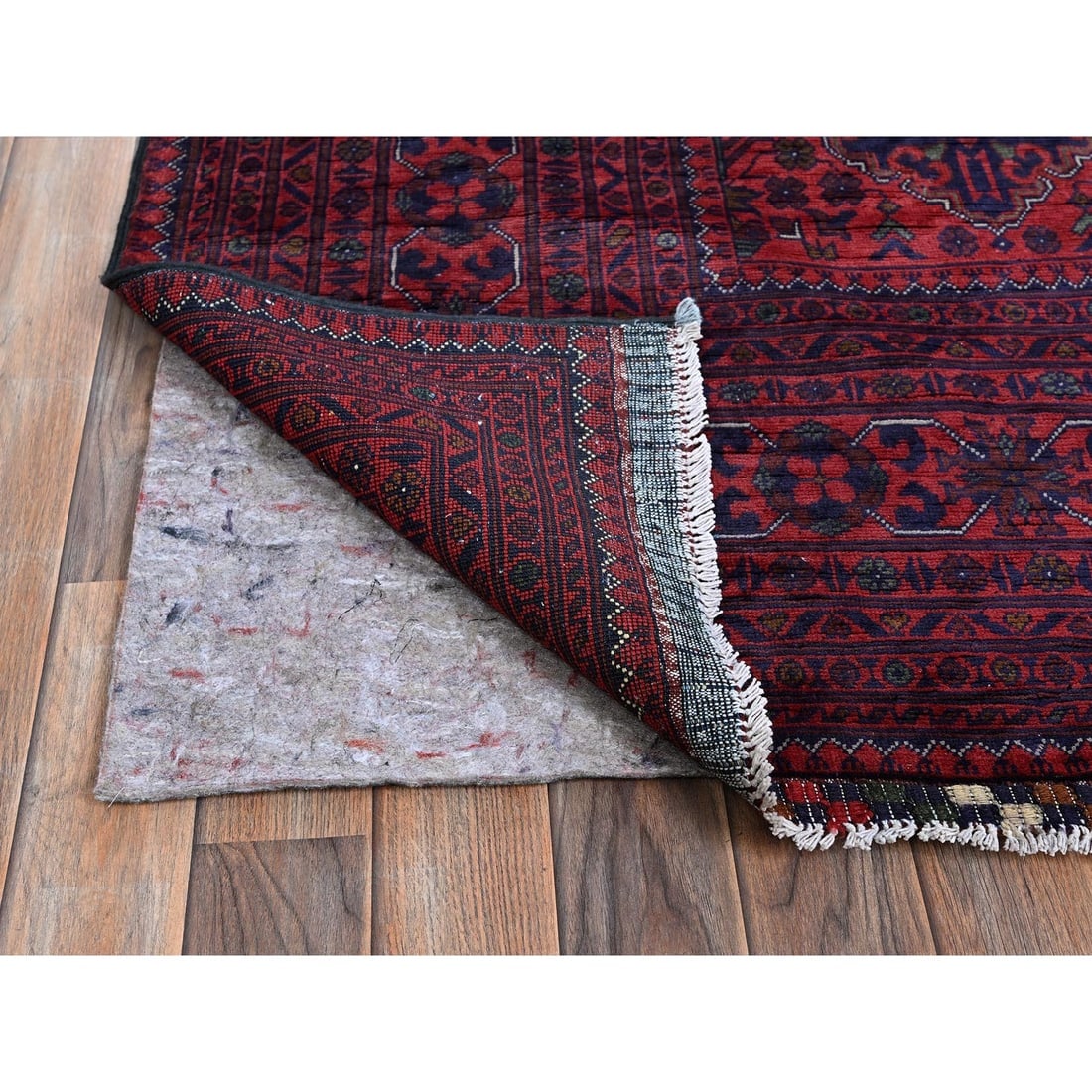 Red Afghan Khamyab Geometric Pattern Hand Knotted Wool Oriental Rug - 4