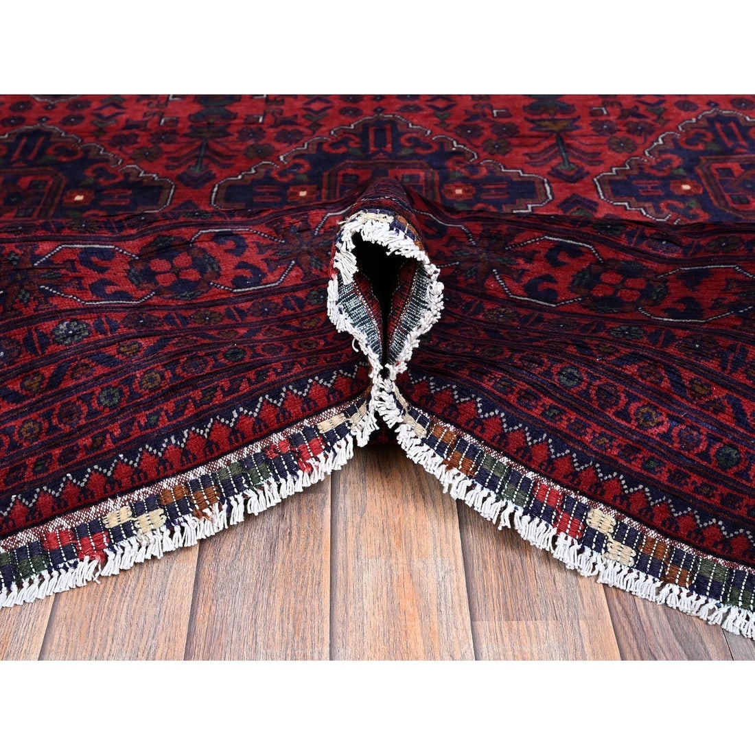 Red Afghan Khamyab Geometric Pattern Hand Knotted Wool Oriental Rug - 5