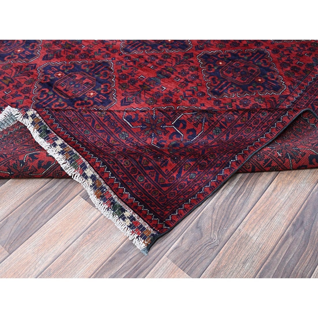 Red Afghan Khamyab Geometric Pattern Hand Knotted Wool Oriental Rug - 6