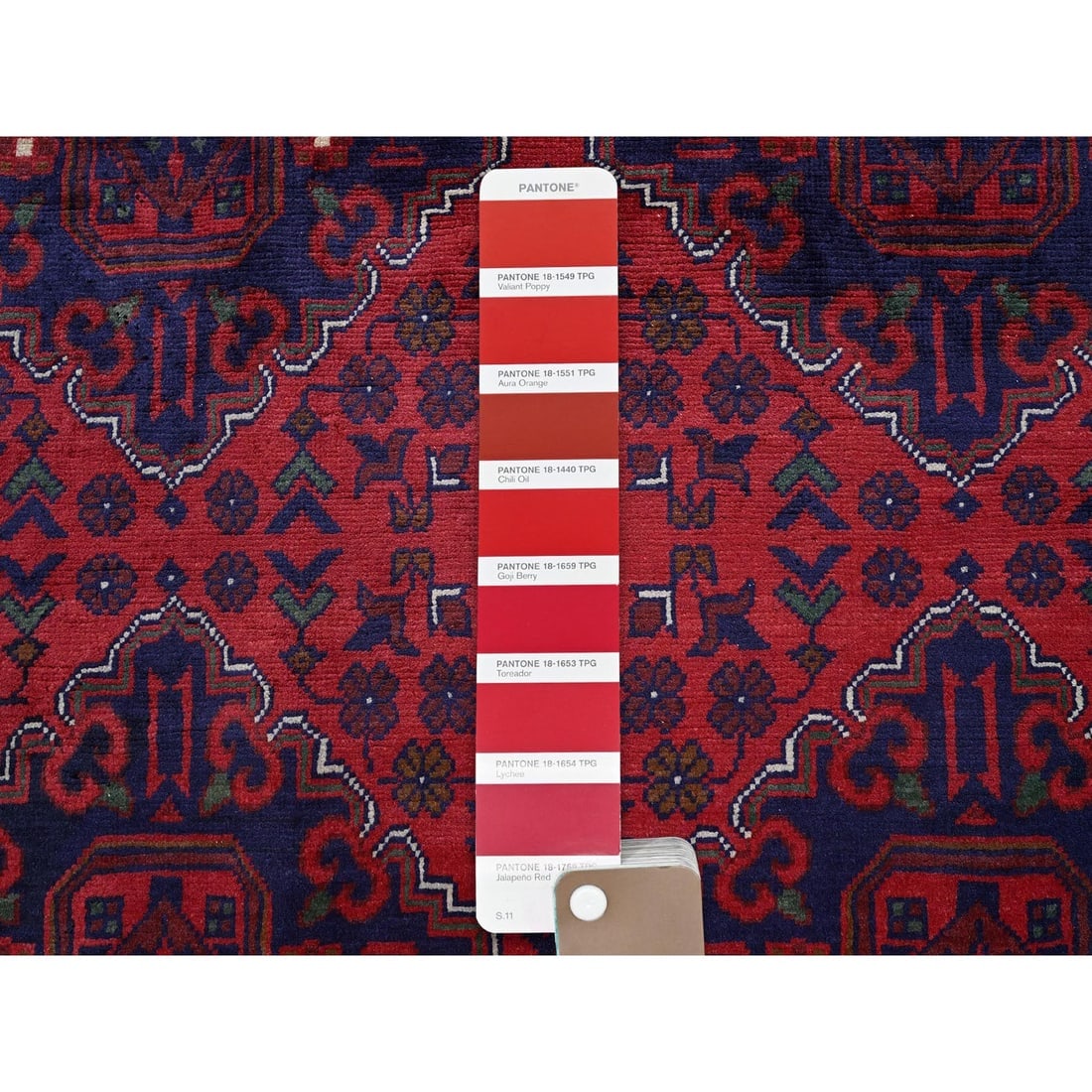Red Afghan Khamyab Geometric Pattern Hand Knotted Wool Oriental Rug - 7
