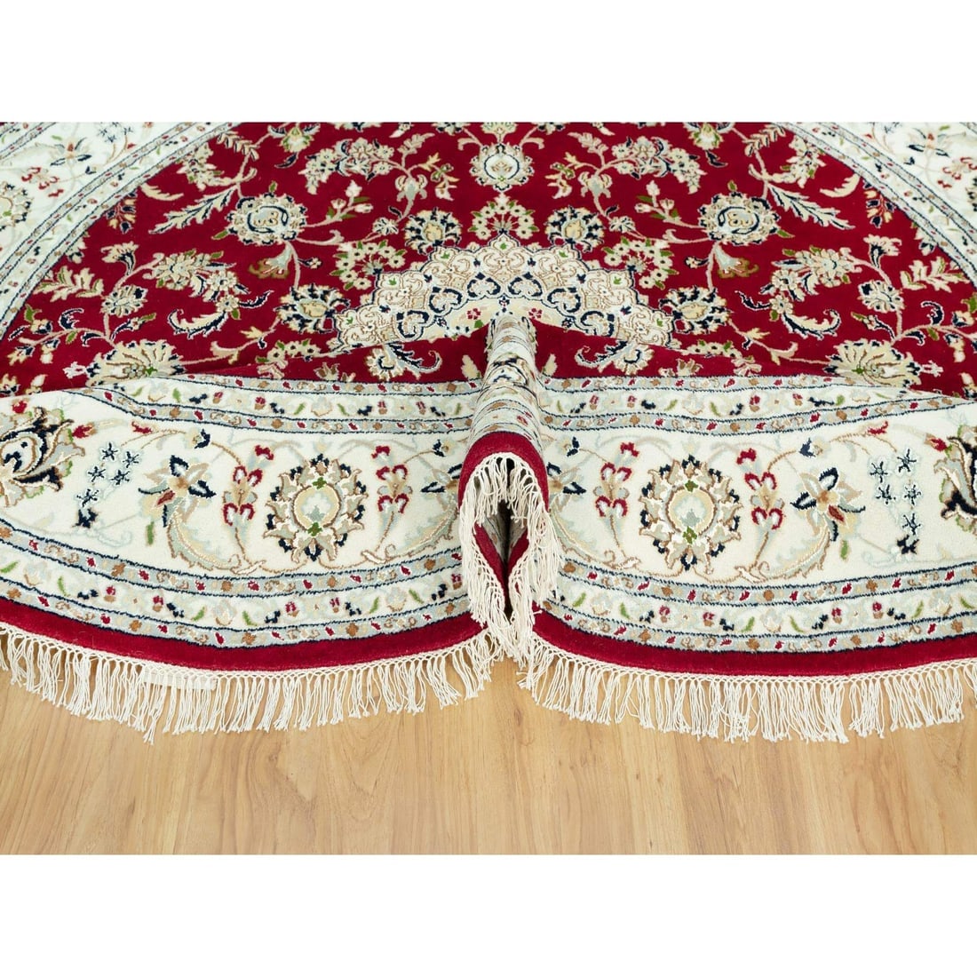Barn Red 250 KPSI Hand Knotted Nain Soft Wool Oriental Round Rug - 5