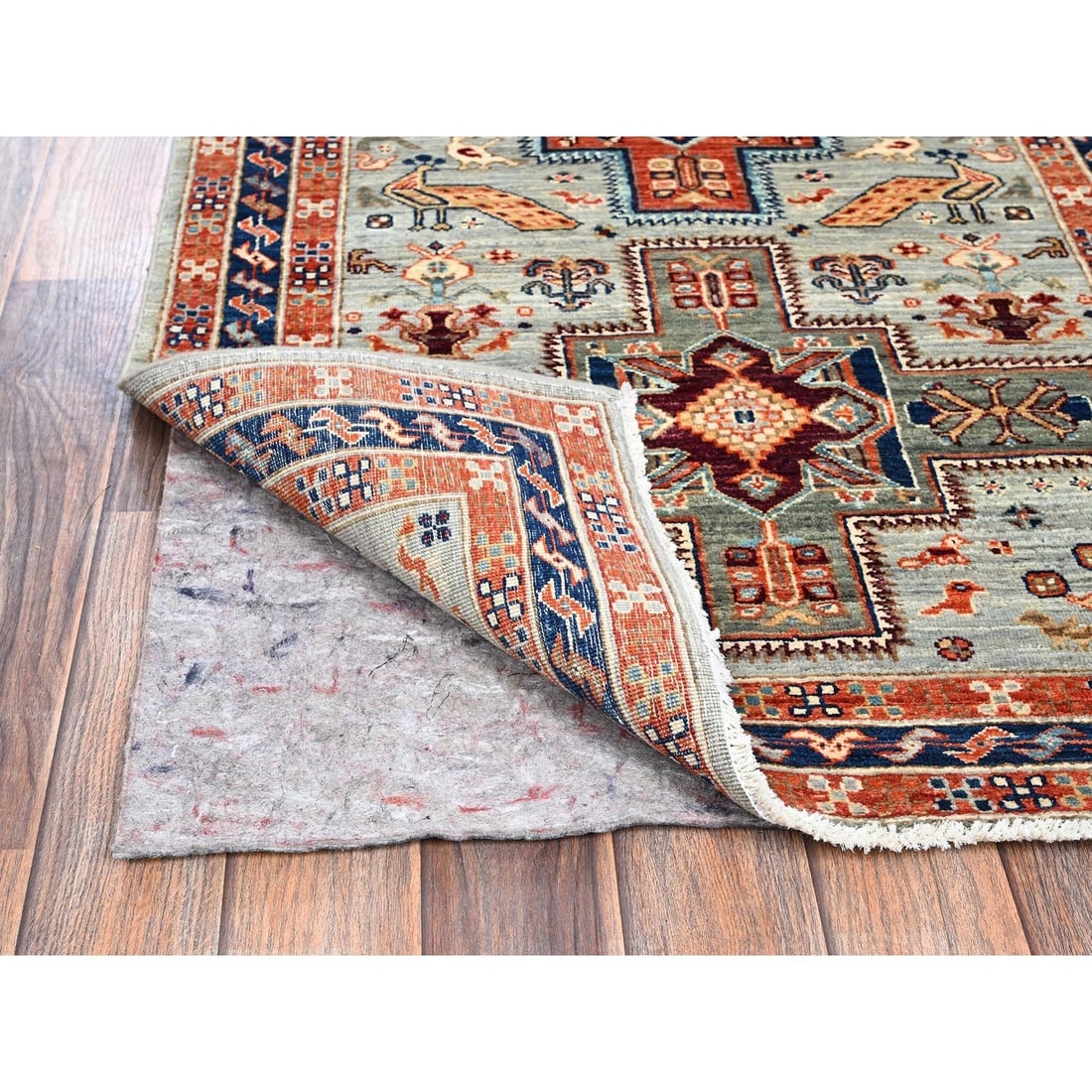 Gray Armenian Inspired Caucasian Design Hand Knotted Wool Runner Rug - 3