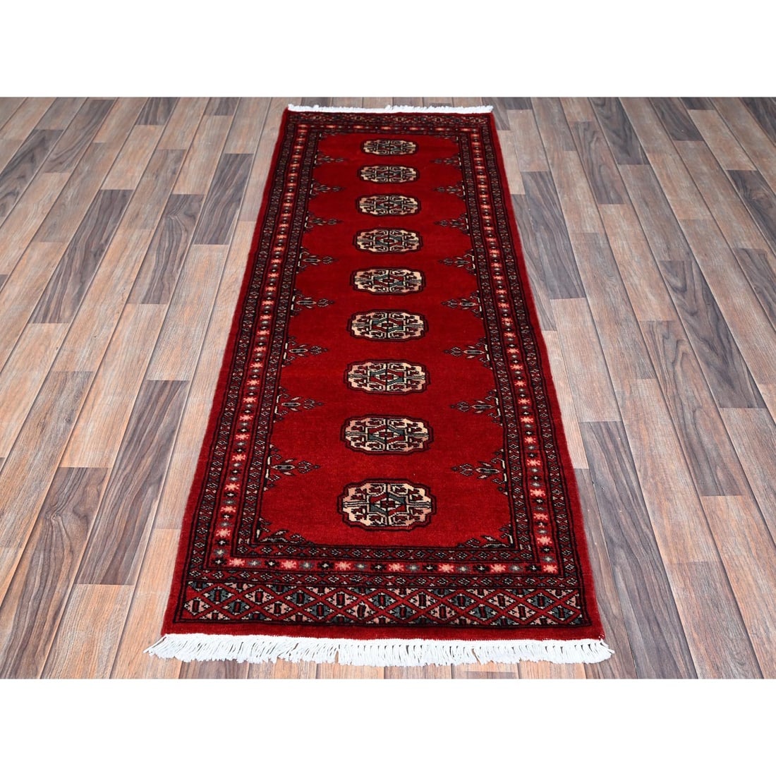 Red Princess Bokara Tribal Medallions Hand Knotted All Wool Runner Rug - 2