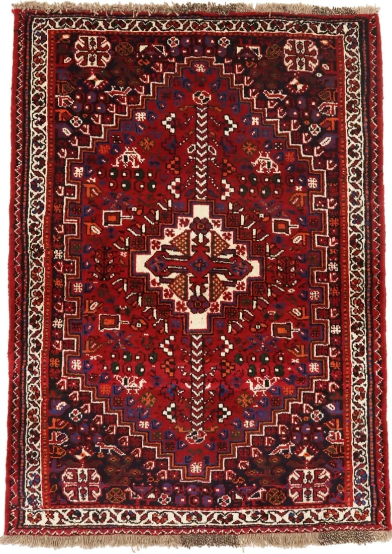Red Tribal 3'4X5 Shiraz Persian Rug: Title: Red Tribal 3'4X5 Shiraz Persian Rug Description:Handmade 3'4X5 red Persian rug made with natural dyes (fine wool pile and cotton foundation), superior knot count, and appealing ancient designs.
