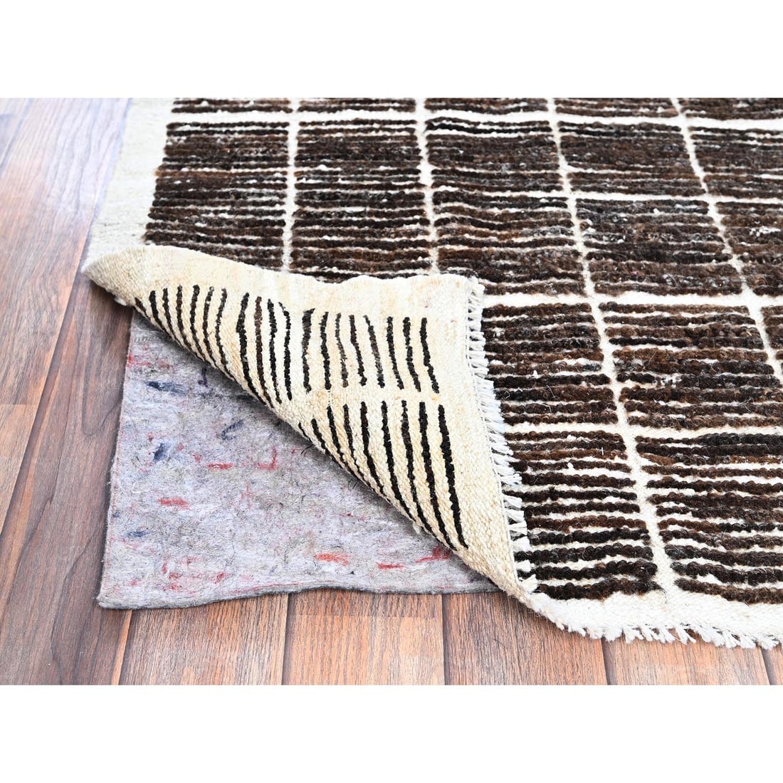 Chocolate Brown Moroccan Weave with Grid Design Hand Knotted Wool Rug - 3