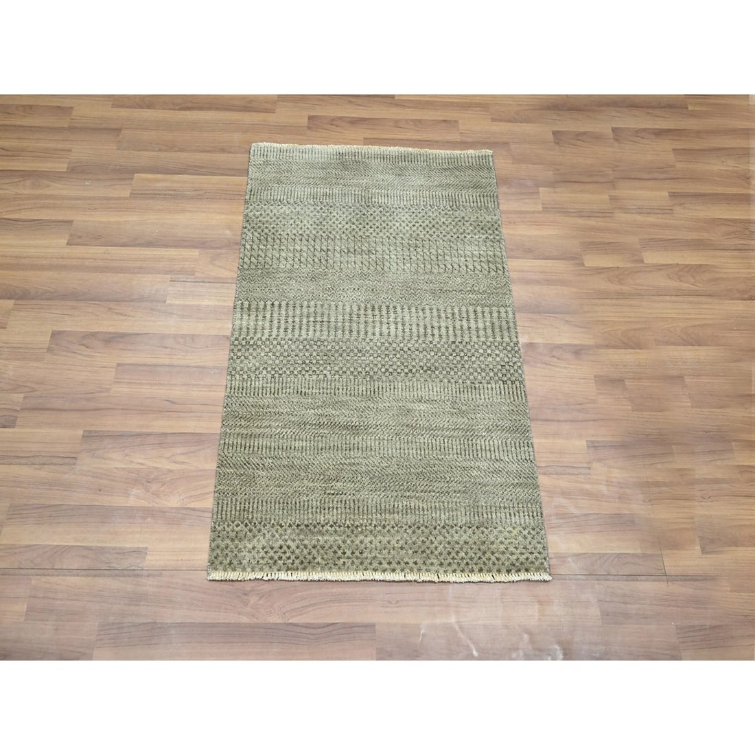 Stone Gray Hand Knotted Wool with Silk Modern Grass Design Mat Rug - 2
