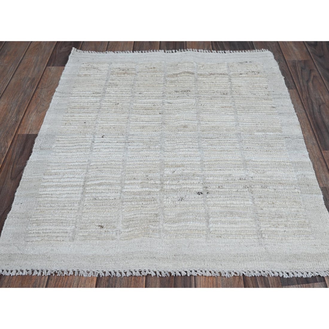 Ivory Moroccan Weave with Box Design Hand Knotted Pure Wool Mat Rug - 2