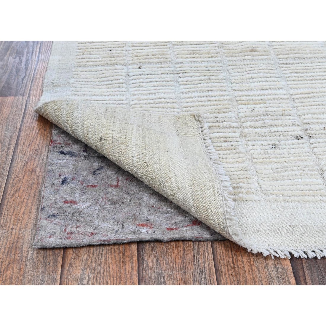 Ivory Moroccan Weave with Box Design Hand Knotted Pure Wool Mat Rug - 3