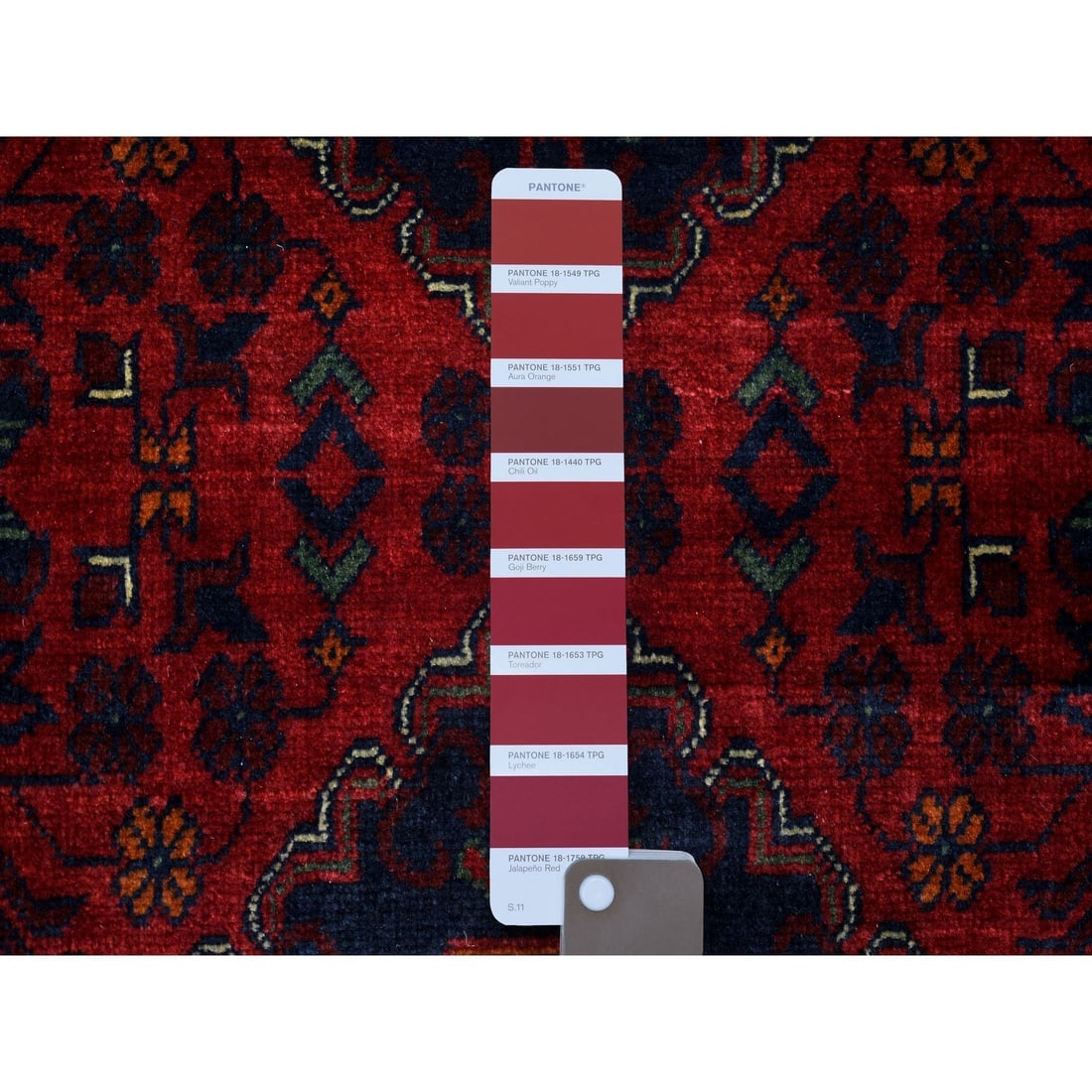 Deep and Saturated Red, Hand Knotted Afghan Khamyab Pure Wool Rug - 3