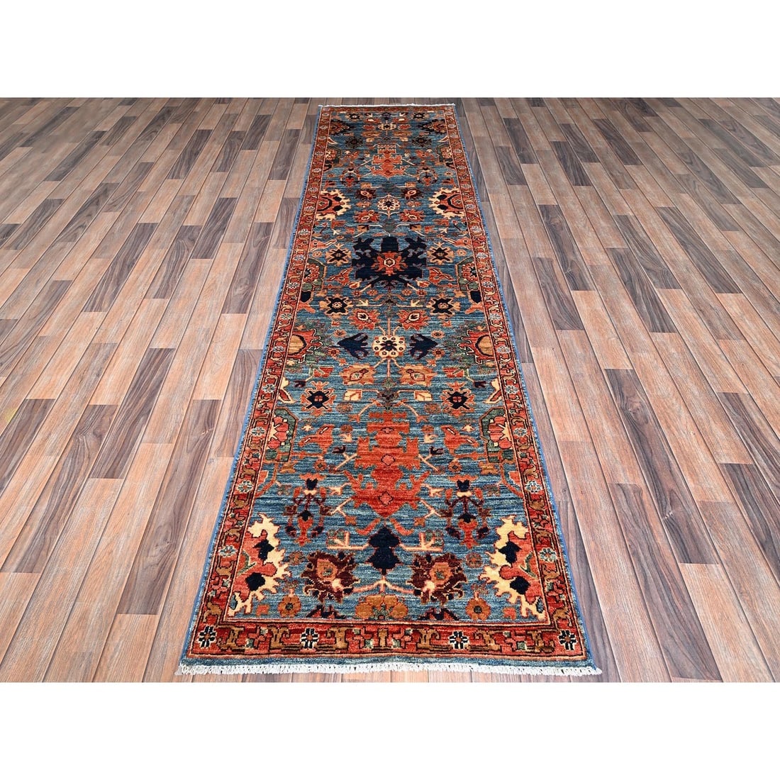 Bayern Blue Heriz All Over Design Hand Knotted Soft Wool Runner Rug - 2